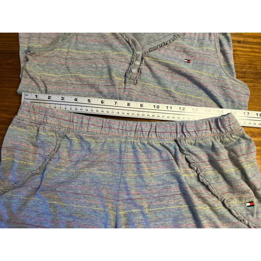 Tommy Hilfiger‎ Pajama Set Womens XL Gray Rainbow Stripe Ruffle EUC